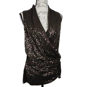 Karen Kane | Brown Sequin Wrap Front Sleeveless Knit Stretch Top | Size M